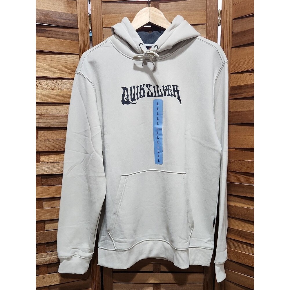 Quiksilver Cream White Pullover Hoodie Black Logo Men L Kangaroo Pocket Cotton